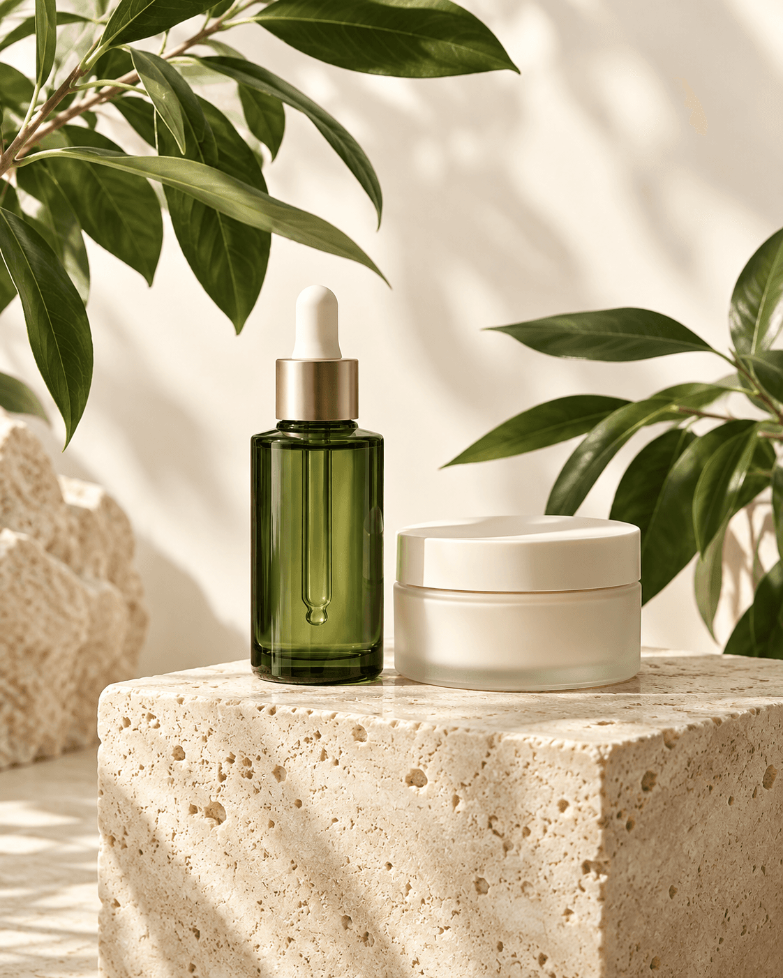 Olive serum and skincare cream arranged on travertine with green leaves