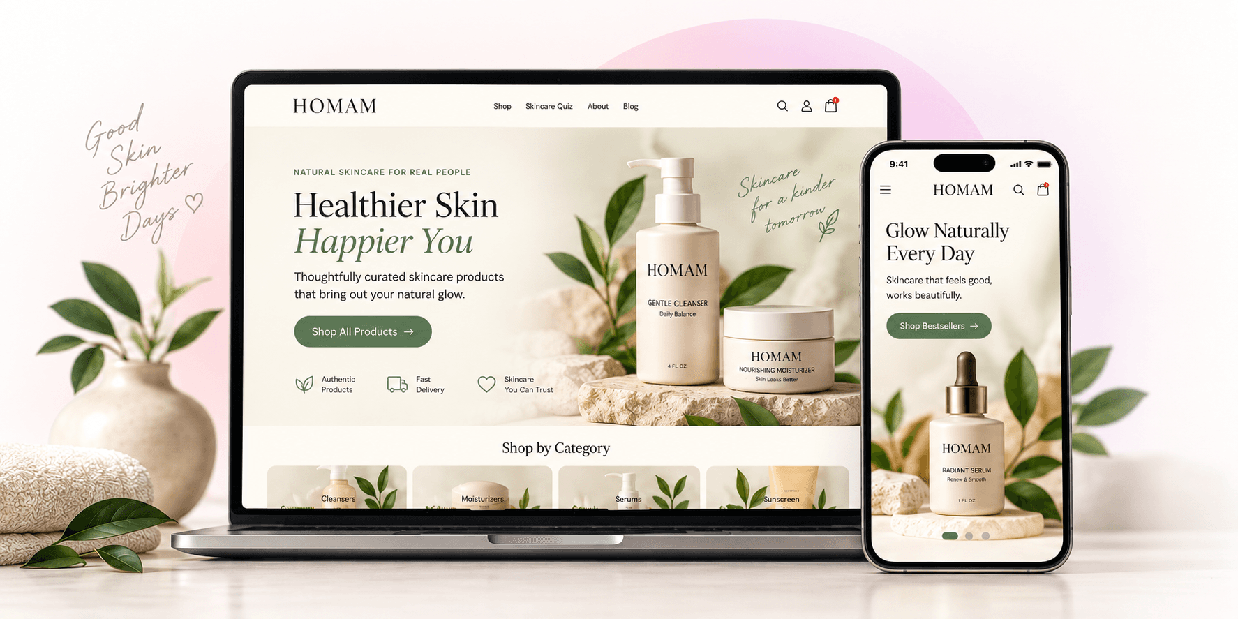 Homam skincare store displayed on a laptop and mobile phone