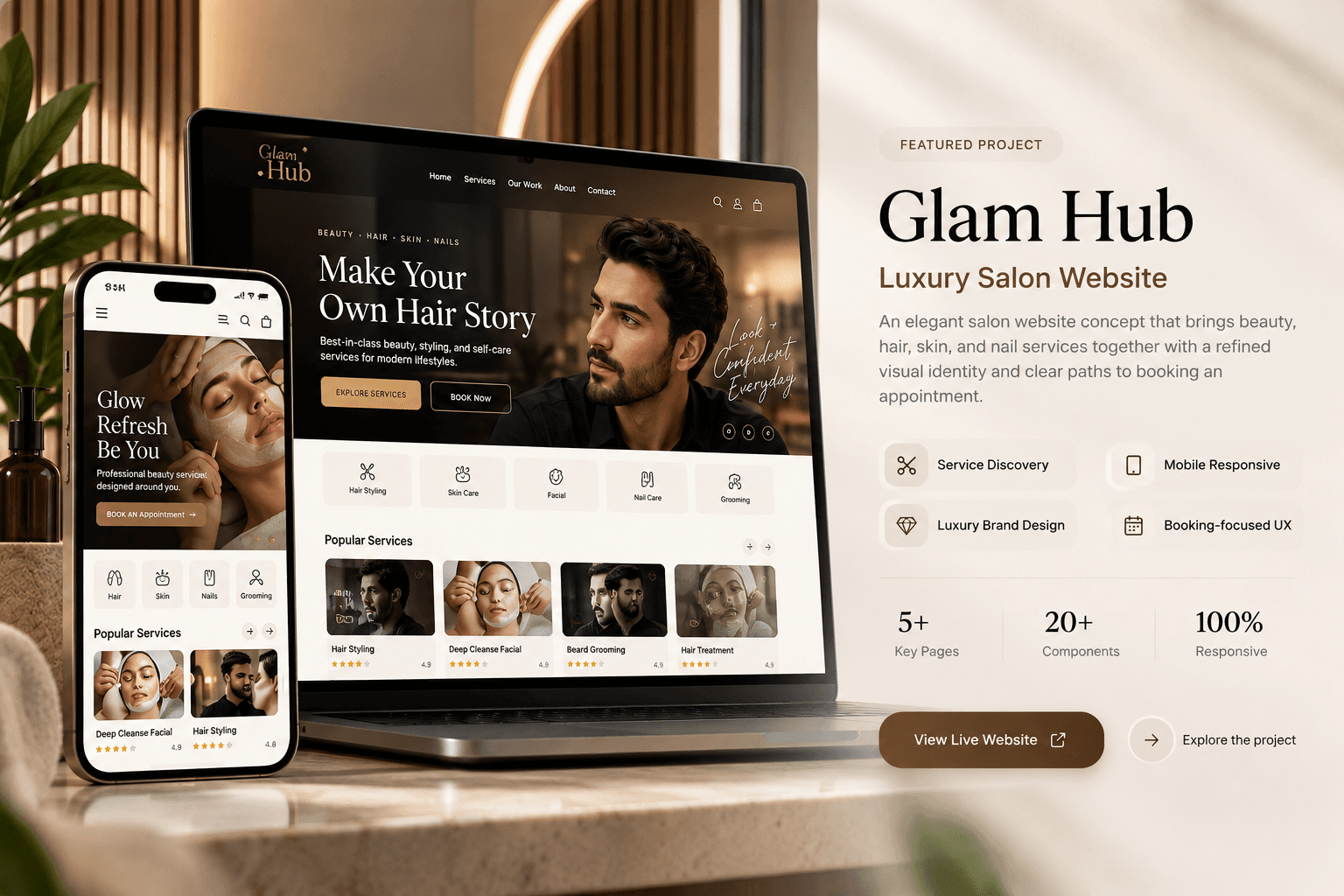 Glam Hub salon website showcased on a laptop and phone in a warm luxury salon setting
