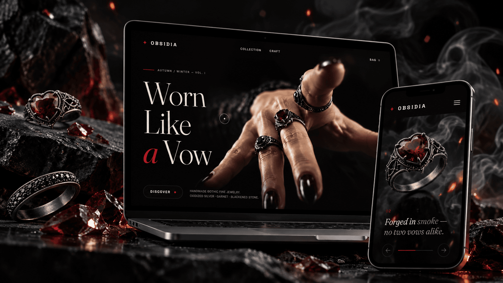 Obsidia gothic jewelry store displayed on a laptop and mobile phone