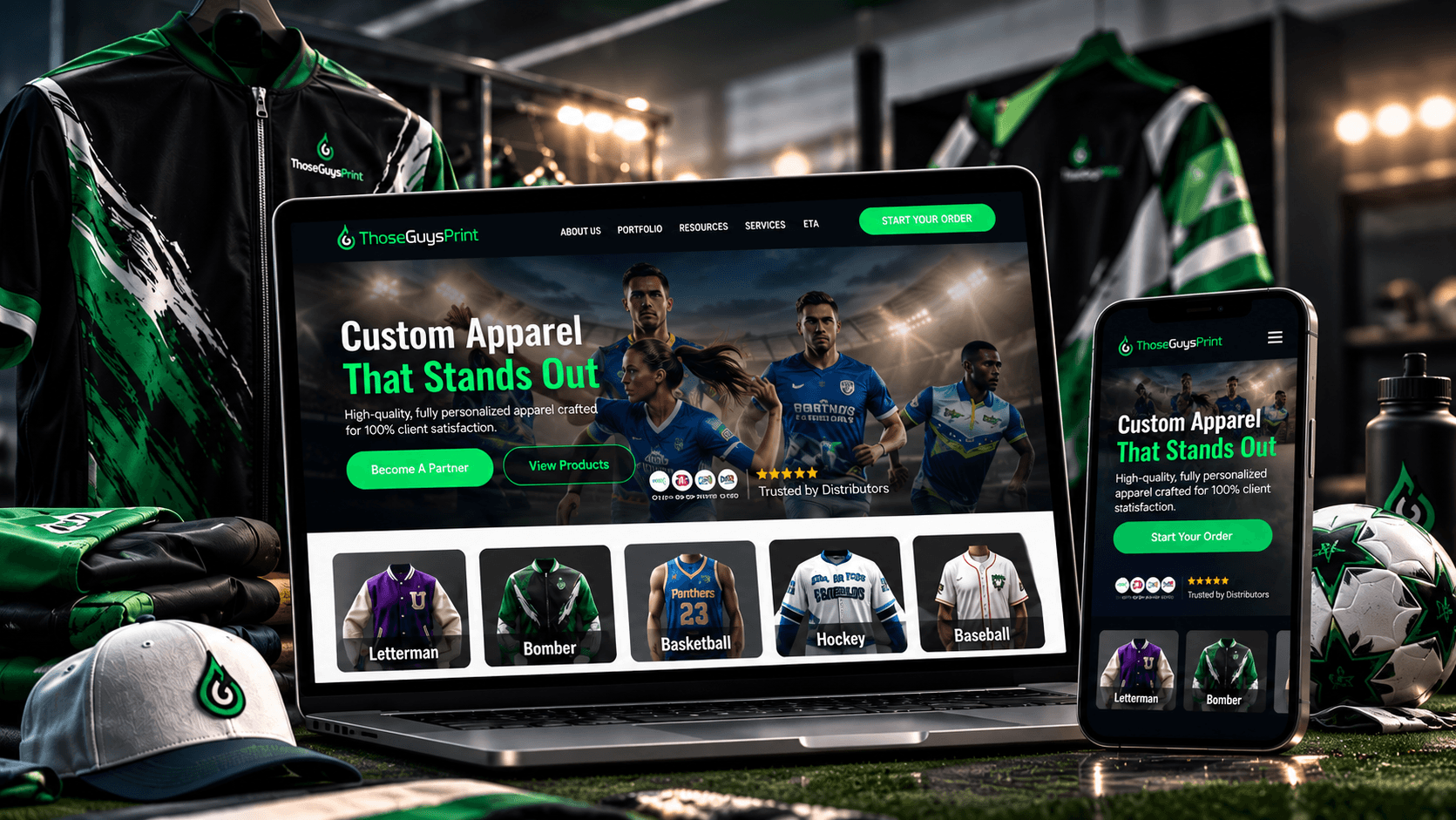ThoseGuysPrint custom apparel store displayed on a laptop and mobile phone