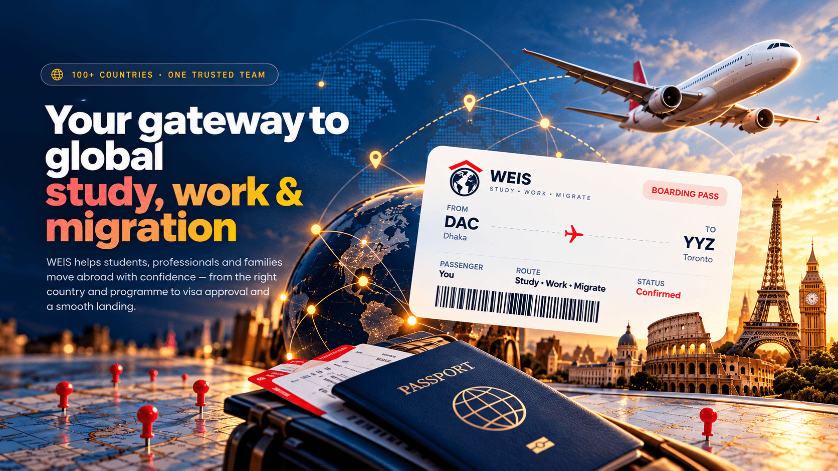 WEIS study, work, and migration website displayed with a global travel boarding pass