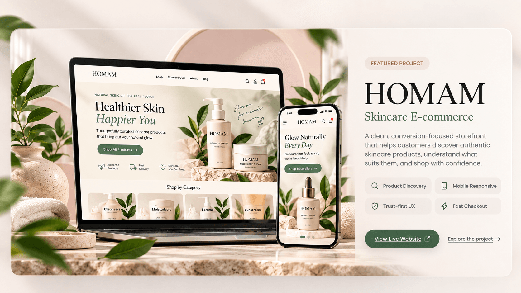 Homam skincare store displayed on a laptop and mobile phone