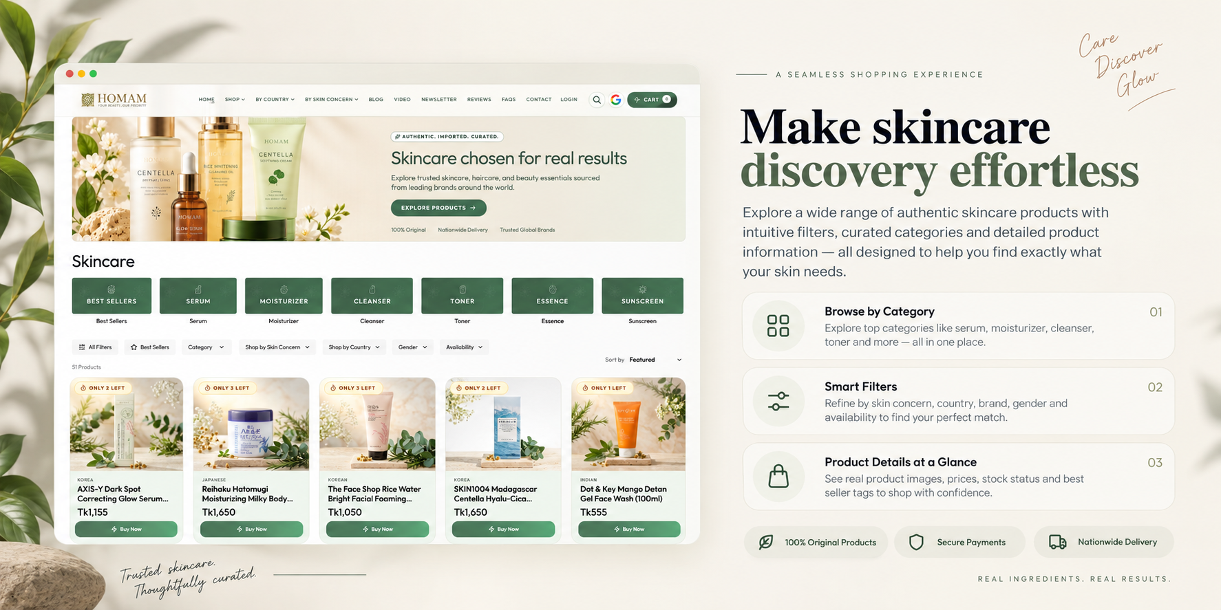 Homam skincare catalog with product categories, filters, and detailed product cards