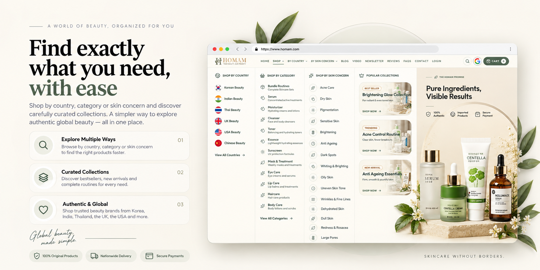 Homam store navigation with shopping by country, category, skin concern and curated collections