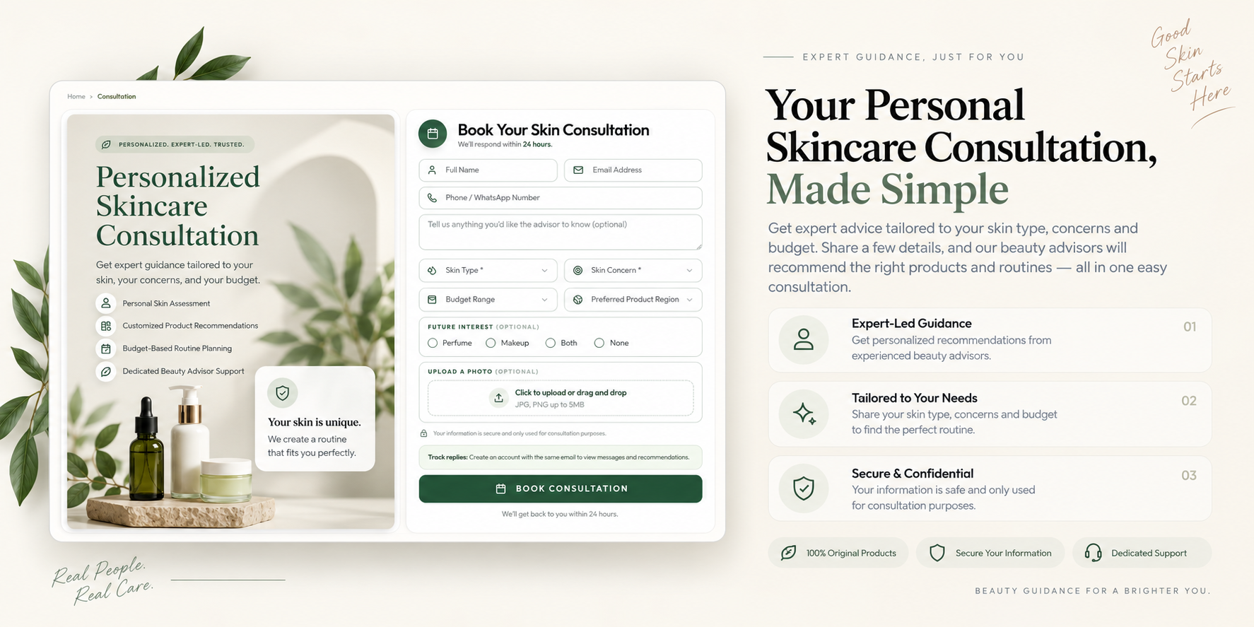 Homam personalized skincare consultation page and booking form