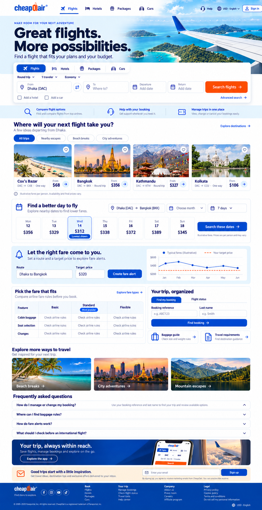 Independent CheapOair redesign with airplane wing hero and flight search