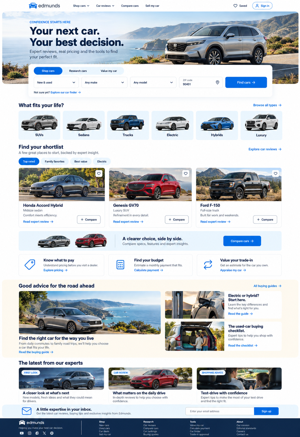 Independent Edmunds redesign with coastal SUV hero and vehicle search