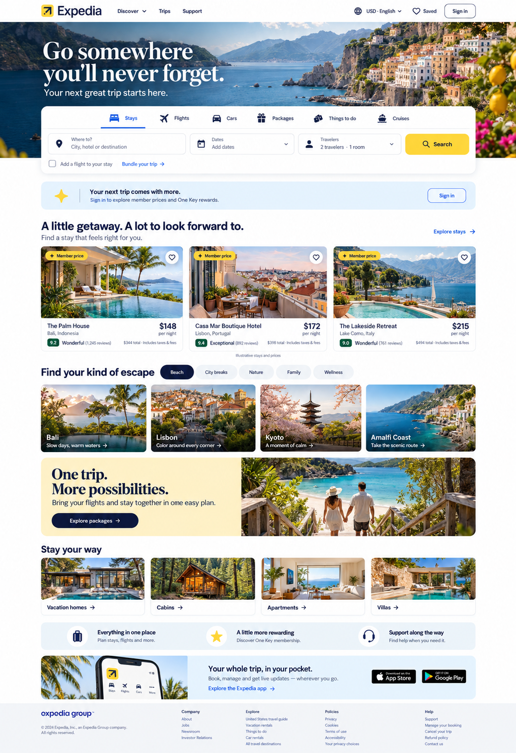 Independent Expedia redesign with Amalfi Coast hero and booking panel