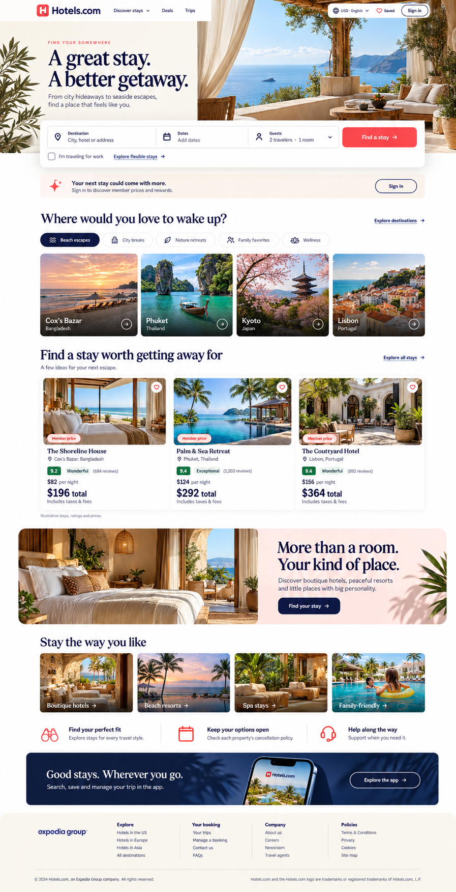 Independent Hotels.com redesign with seaside terrace and stay discovery