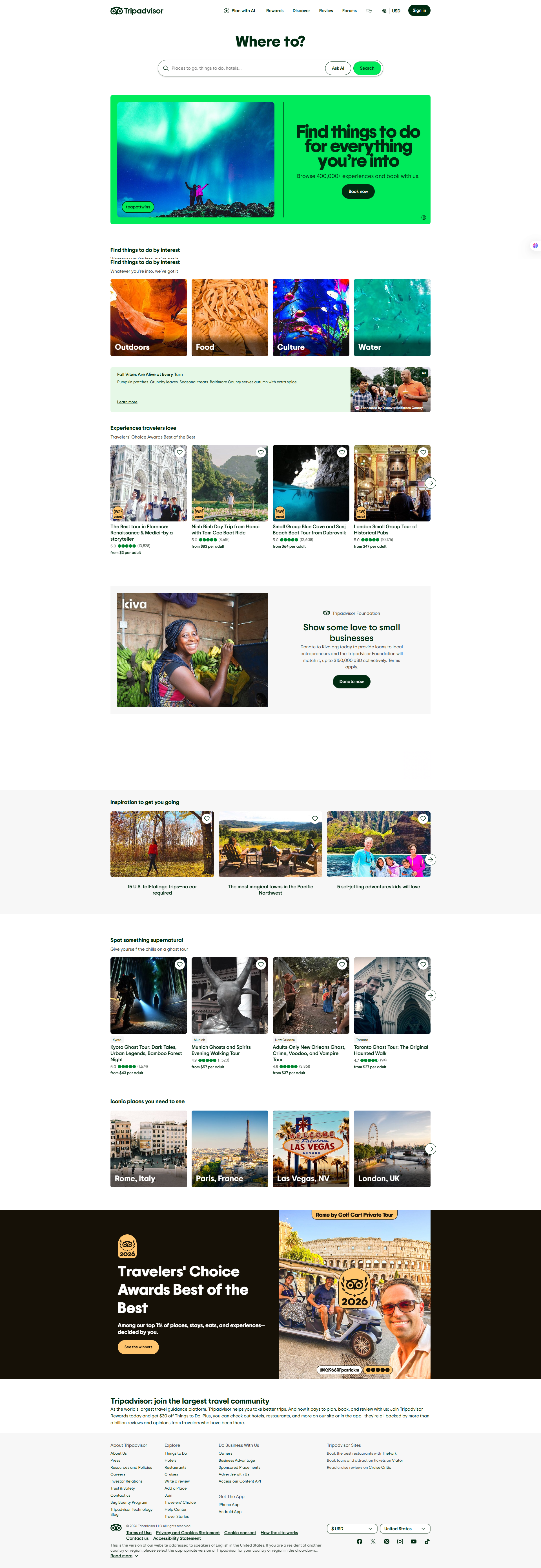 Original Tripadvisor homepage with search and experience categories