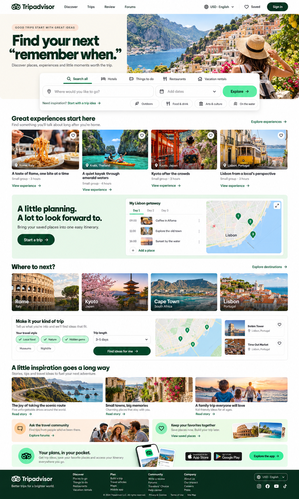 Independent Tripadvisor redesign with coastal hero, travel search and experience cards
