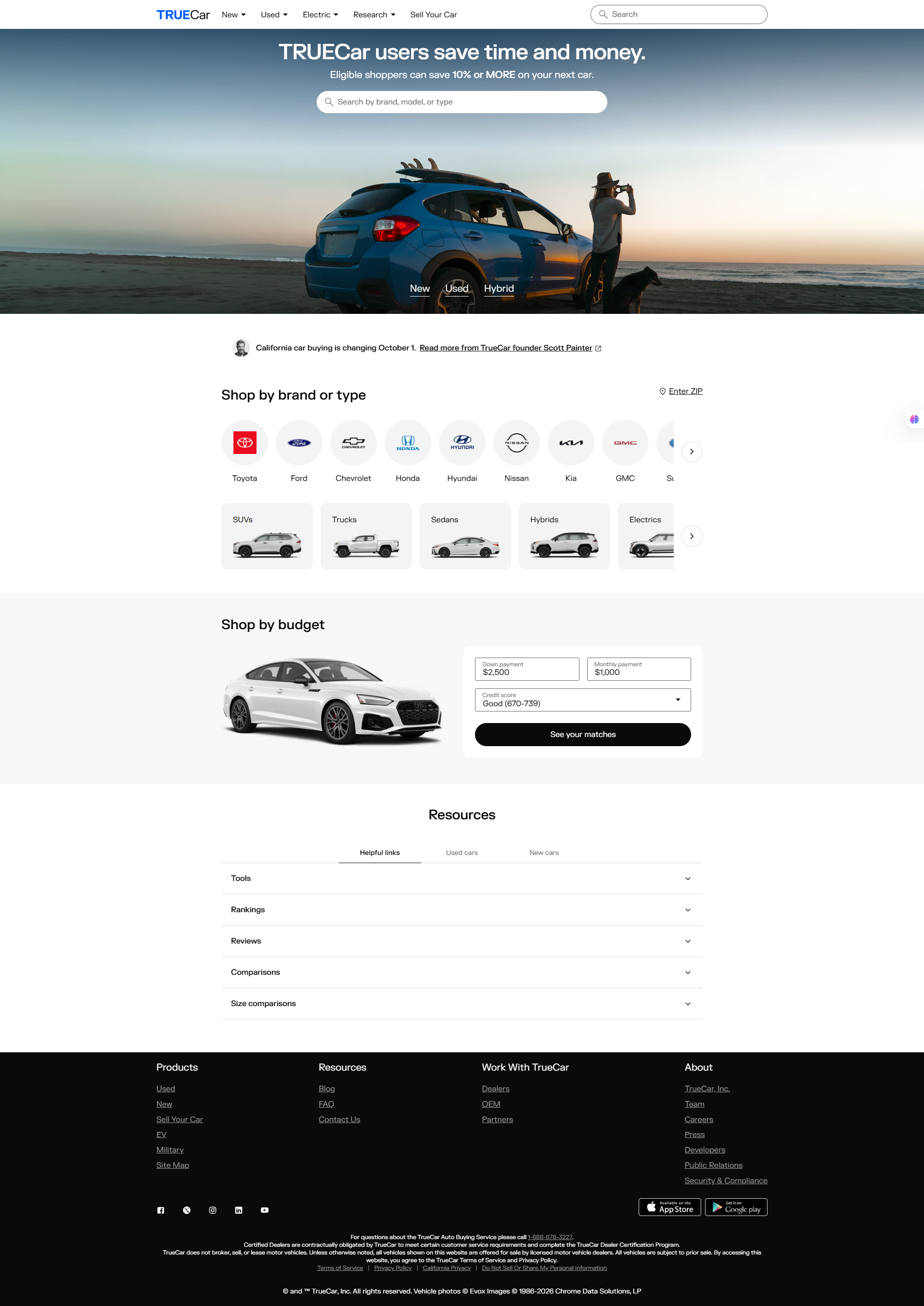 Original TrueCar homepage with beach hero and vehicle discovery