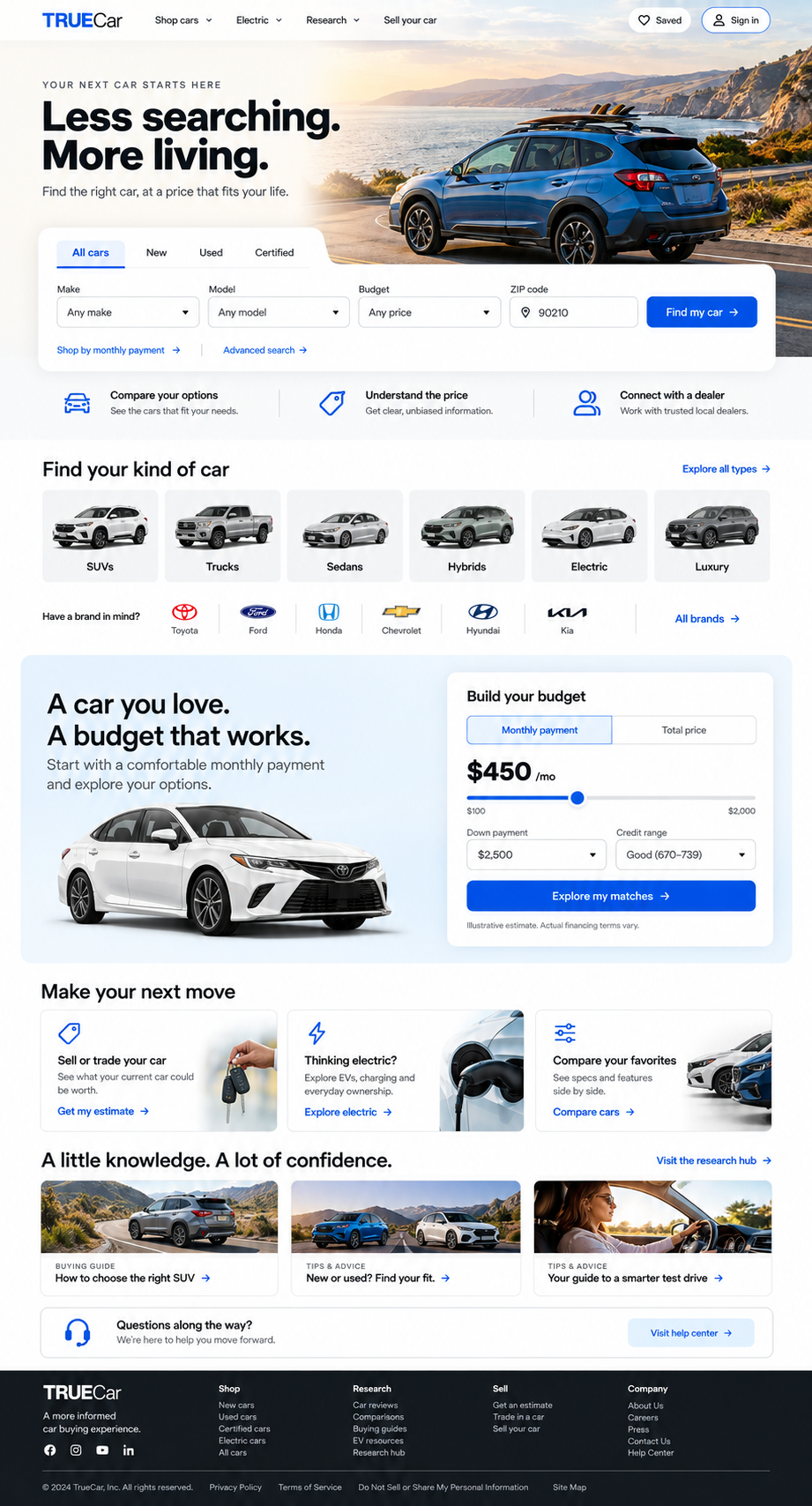 Independent TrueCar redesign with coastal SUV hero and structured search panel